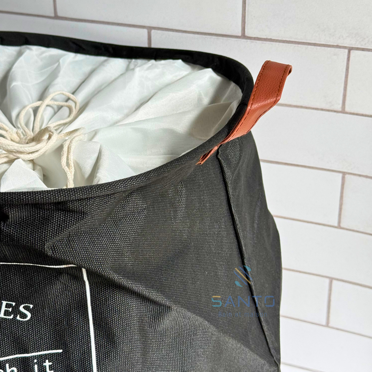 Panier à linge rond en tissu avec anses camel
