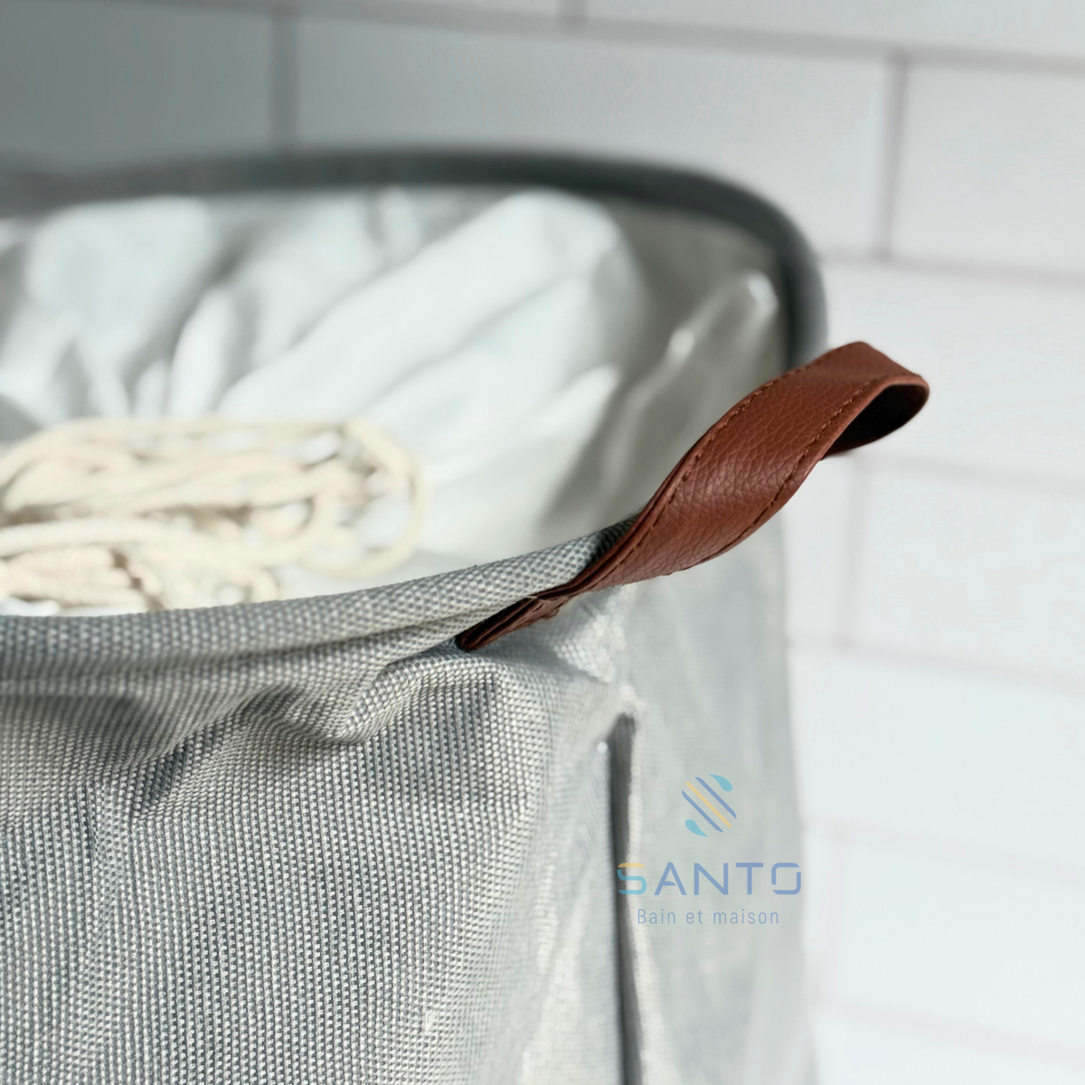 Panier à linge rond en tissu avec anses camel