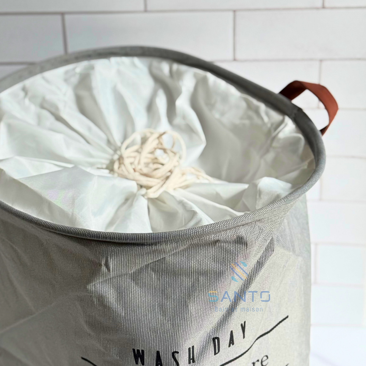 Panier à linge rond en tissu avec anses camel