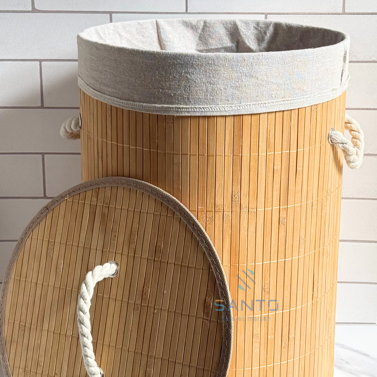 Panier à linge rond en bambou et tissu