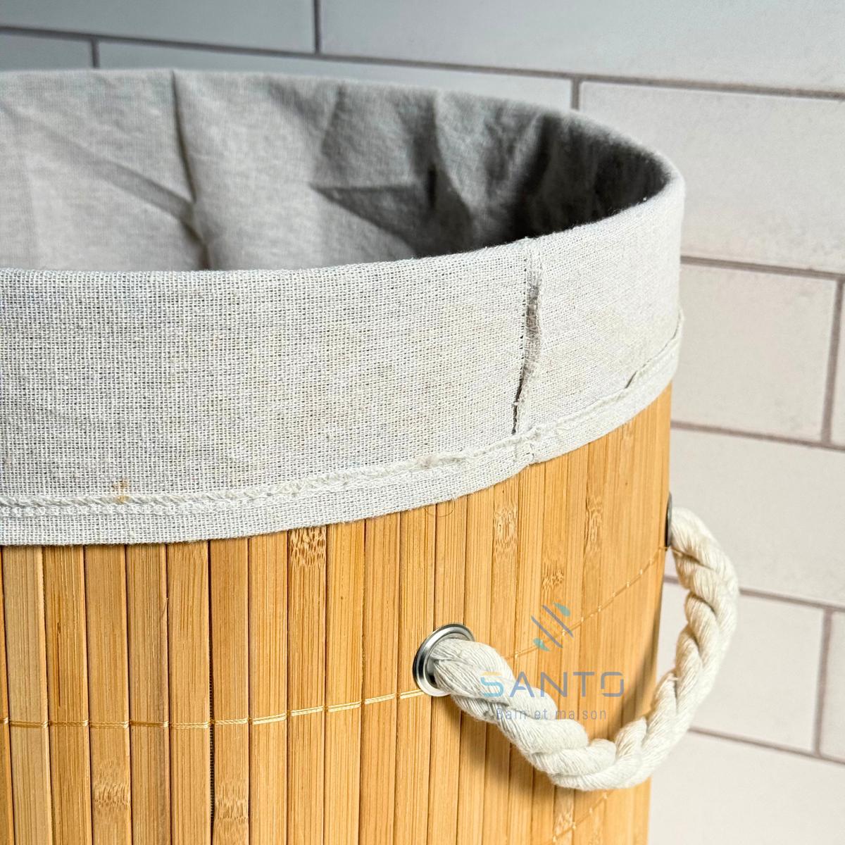 Panier à linge rond en bambou et tissu