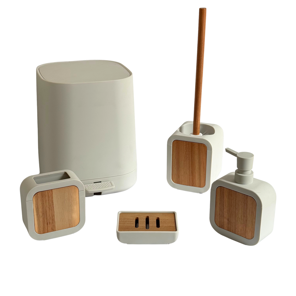 Ensemble accessoires salle de bain beige en plastique et bois 5pcs