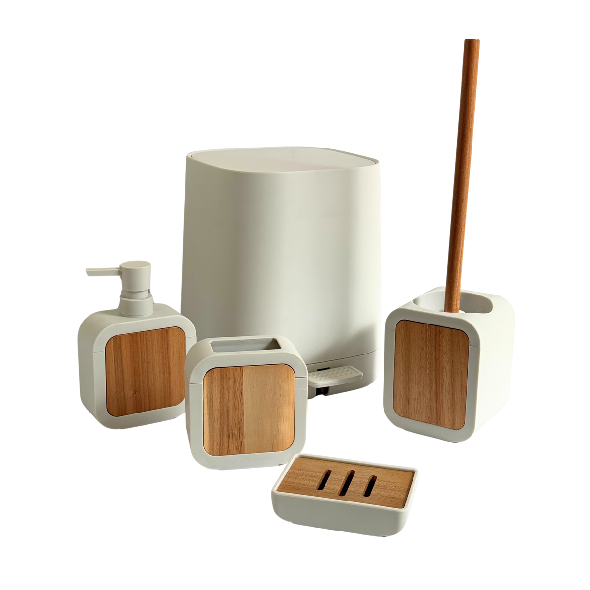 Ensemble accessoires salle de bain beige en plastique et bois 5pcs