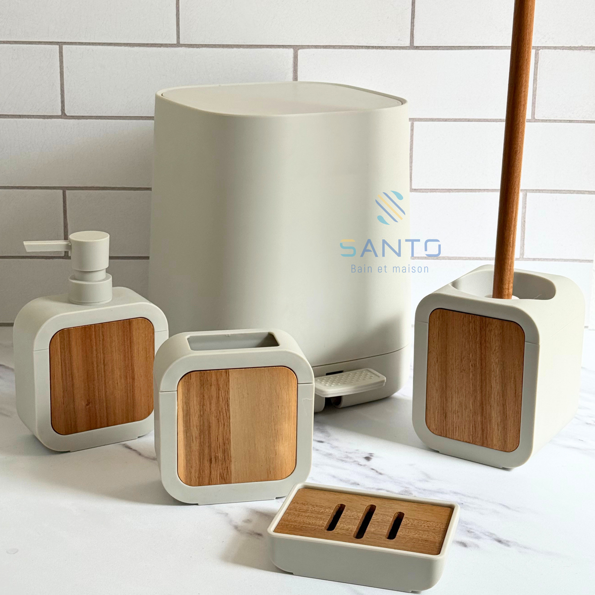 Ensemble accessoires salle de bain beige en plastique et bois 5pcs