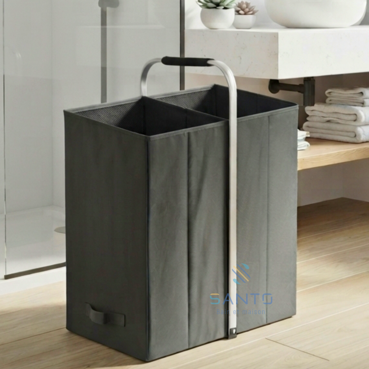 Panier à linge gris à 2 compartiments avec manche