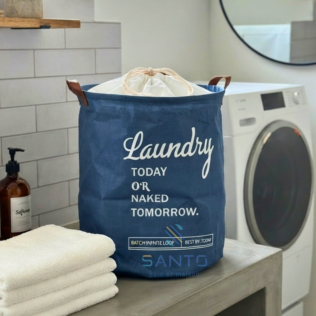 Panier à linge rond en tissu avec anses camel
