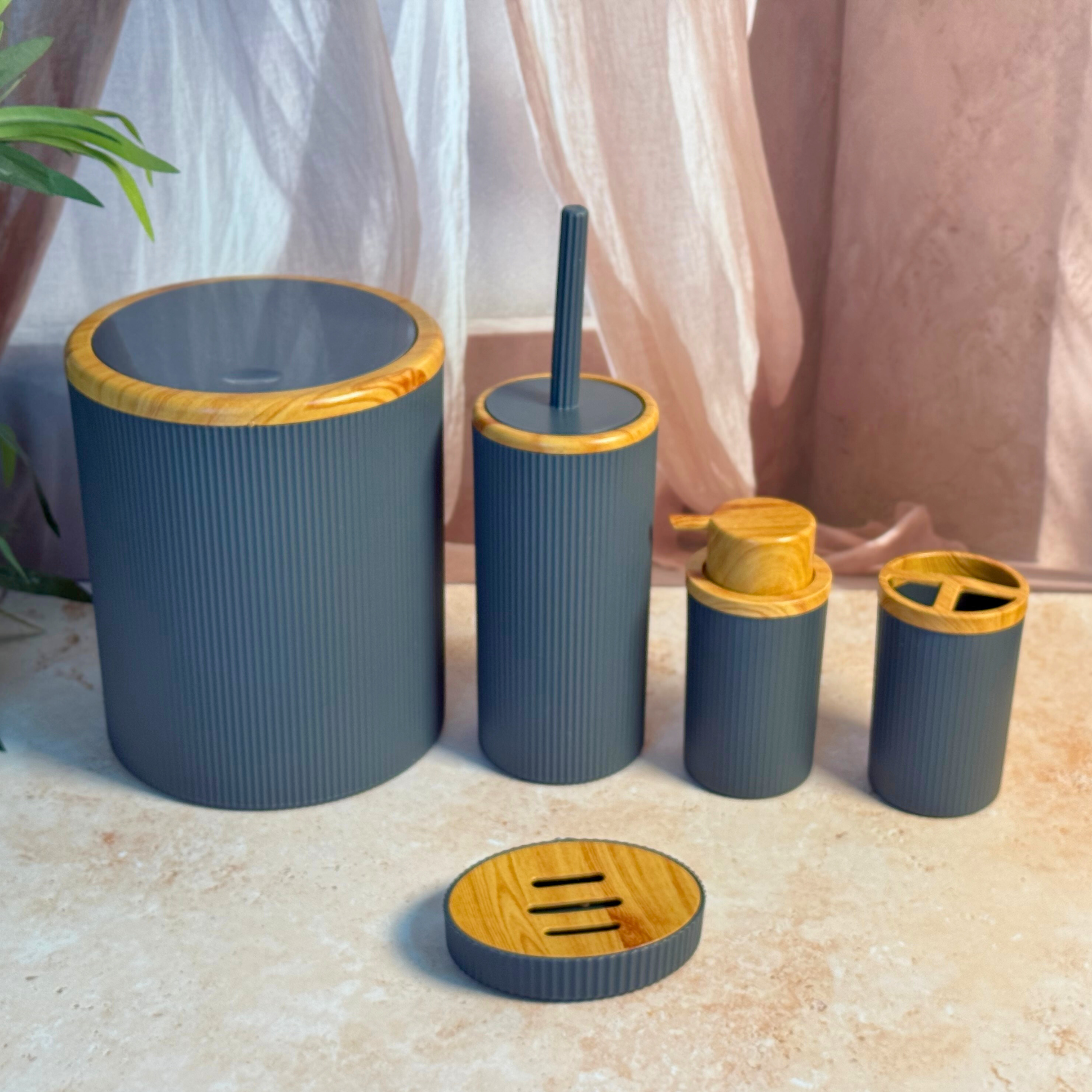 Set accessoires de salle de bain 5 pièces | Plastique et effet bois