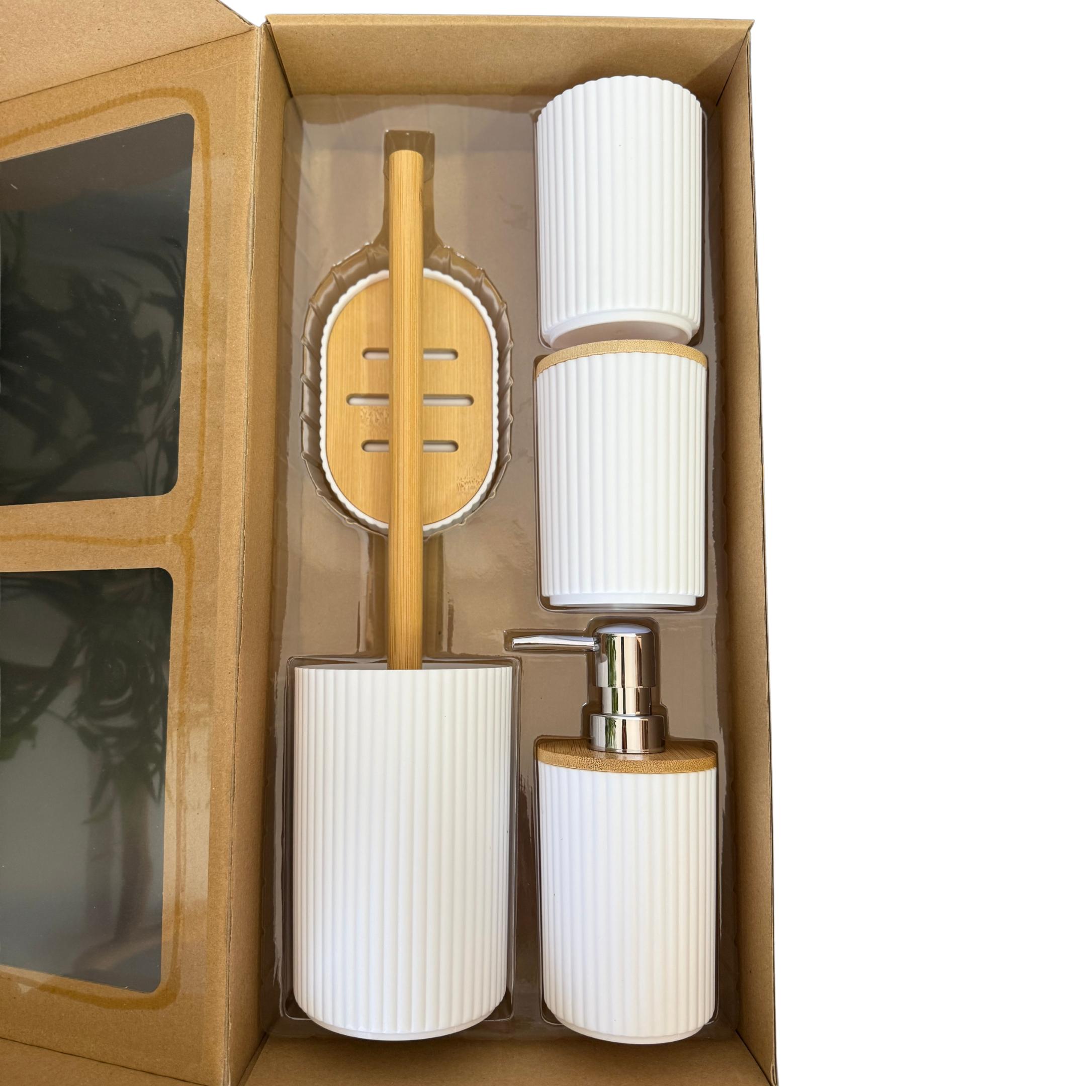 Ensemble accessoires de Salle de Bain 5 Pièces en plastique et bambou