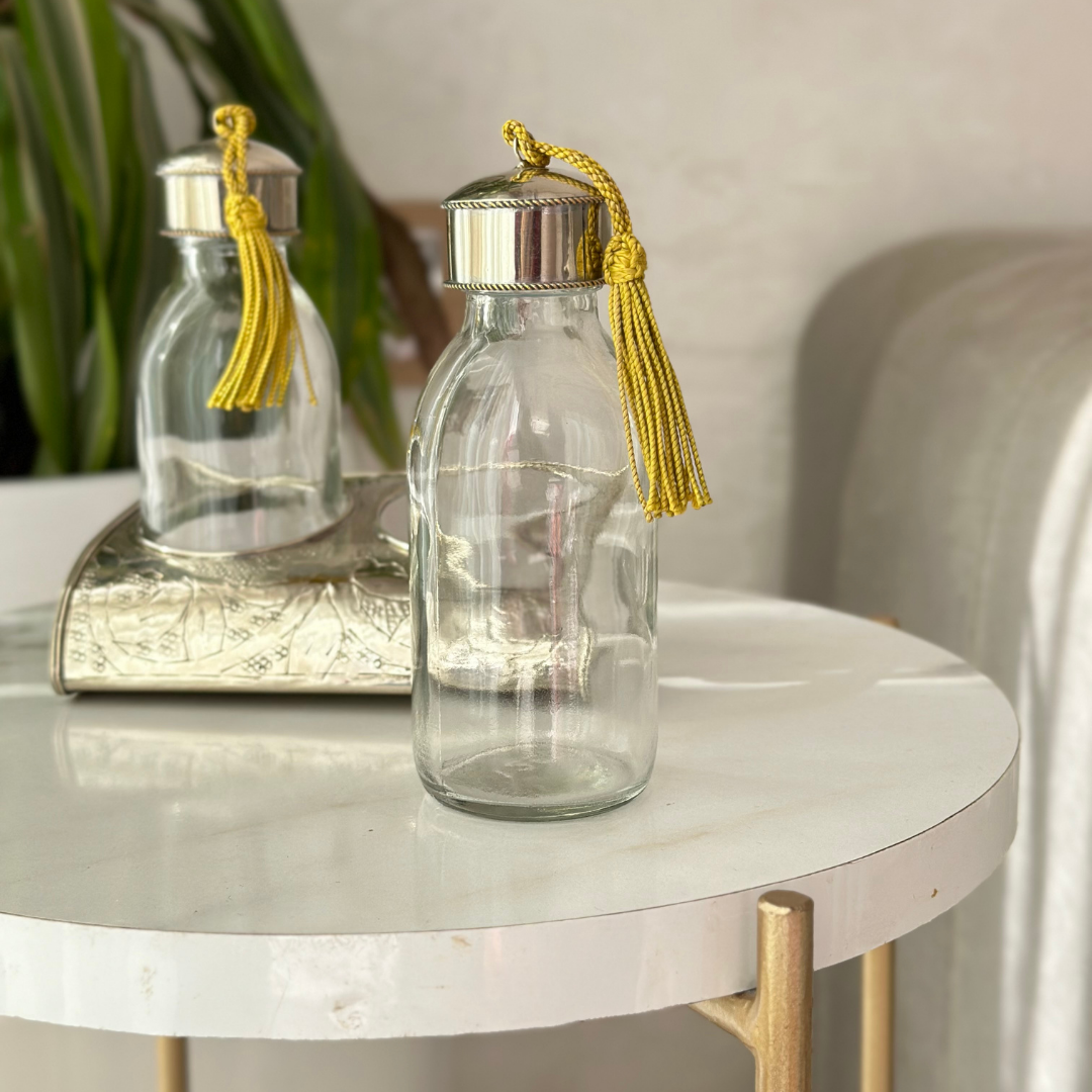 Set de 2 bouteilles artisanales avec support en laiton argenté