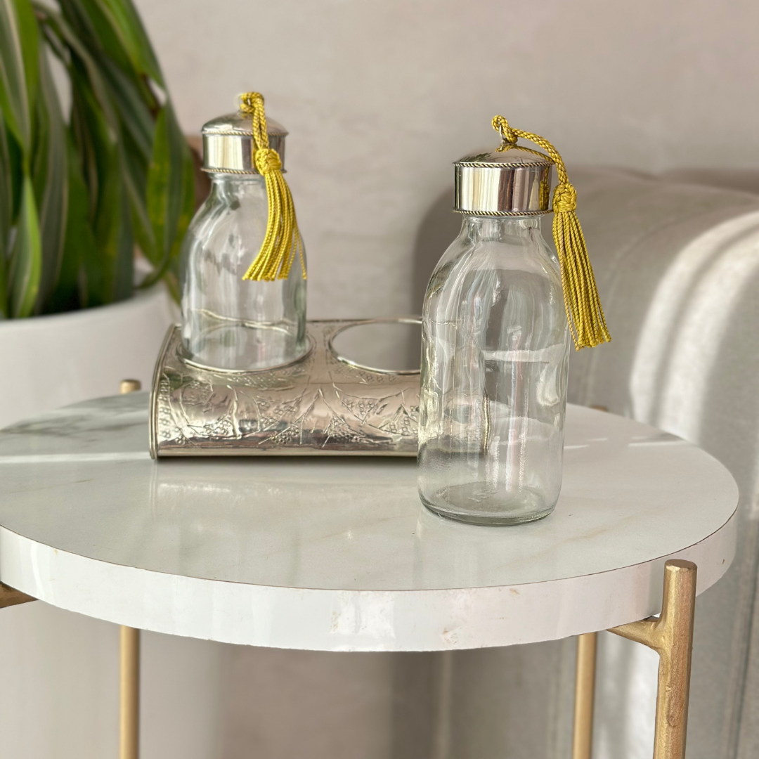 Set de 2 bouteilles artisanales avec support en laiton argenté
