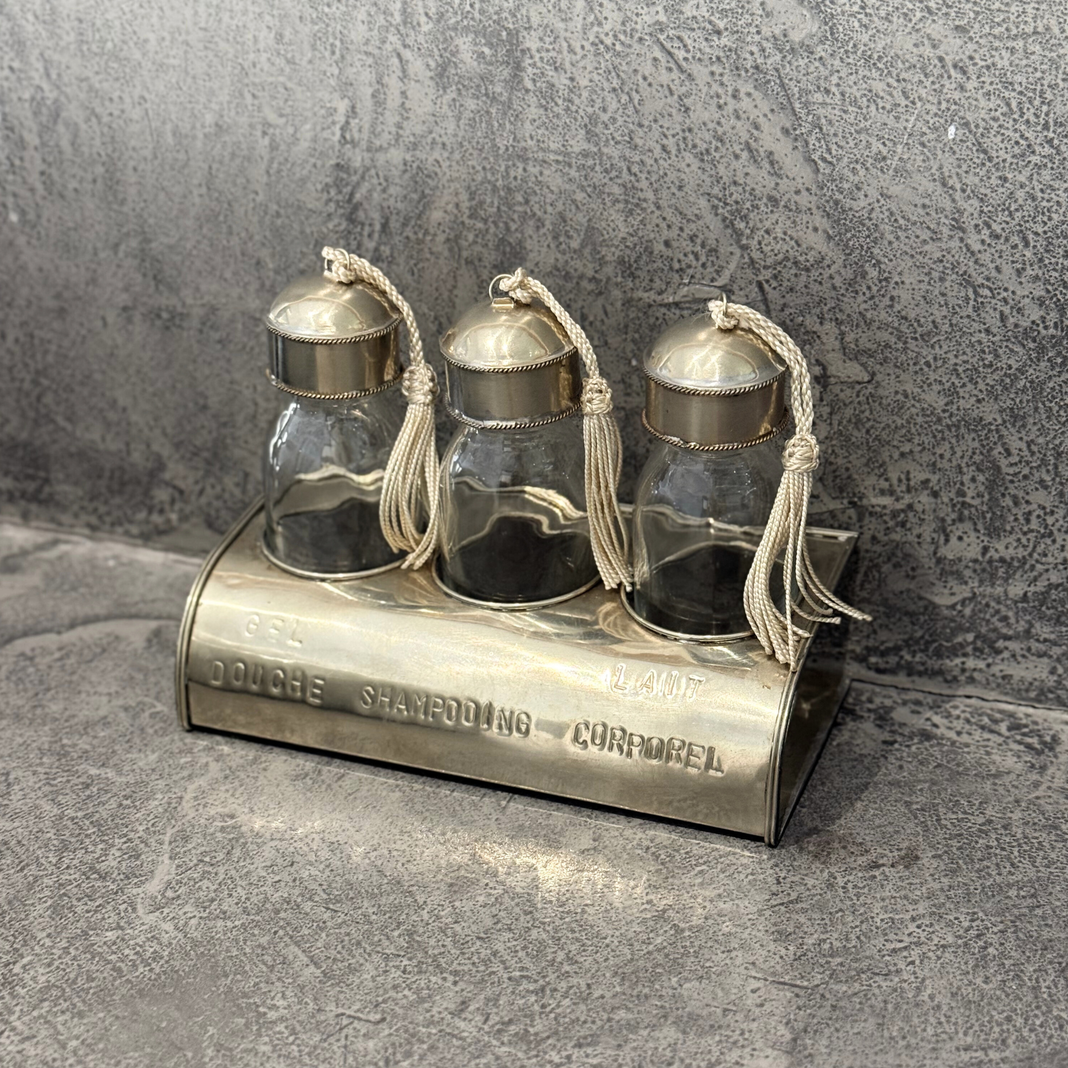 Set de 3 bouteilles artisanales avec support en laiton argenté