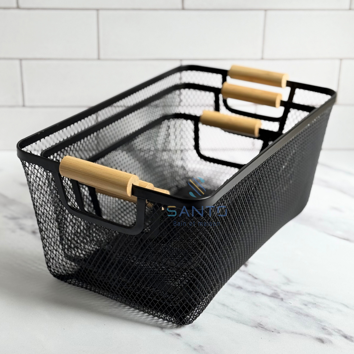 Set 3 paniers en métal noir avec anses en bois