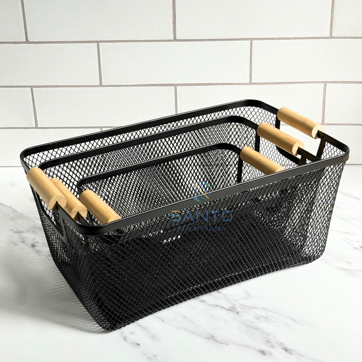 Set 3 paniers en métal noir avec anses en bois