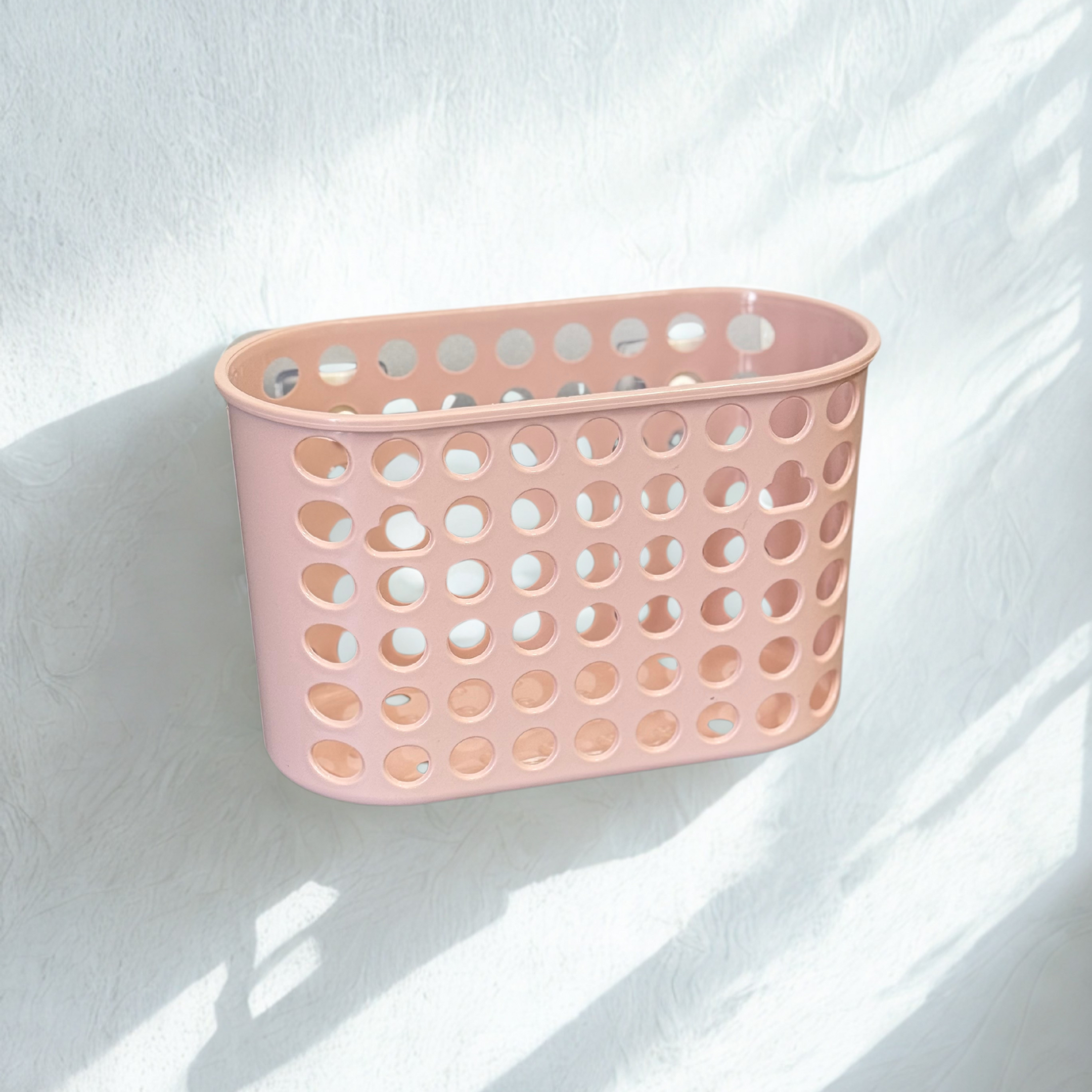 Panier de Rangement Mural en Plastique Rose – Fixation Autocollante