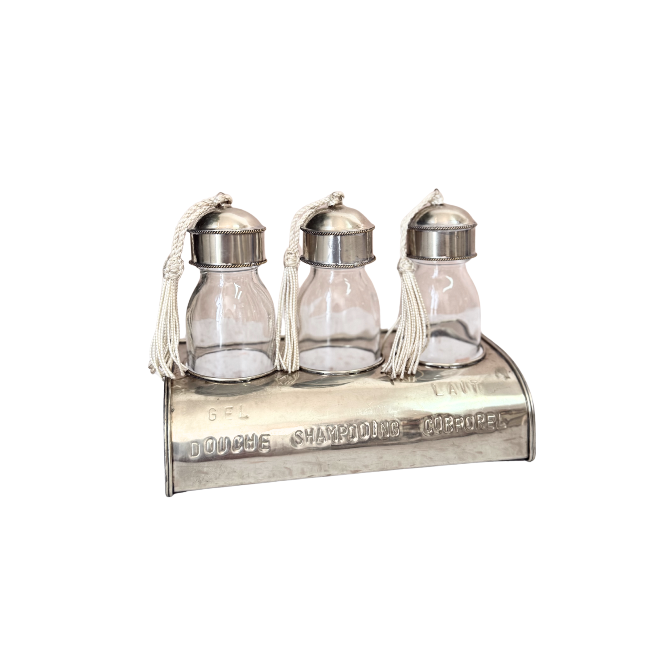 Set de 3 bouteilles artisanales avec support en laiton argenté