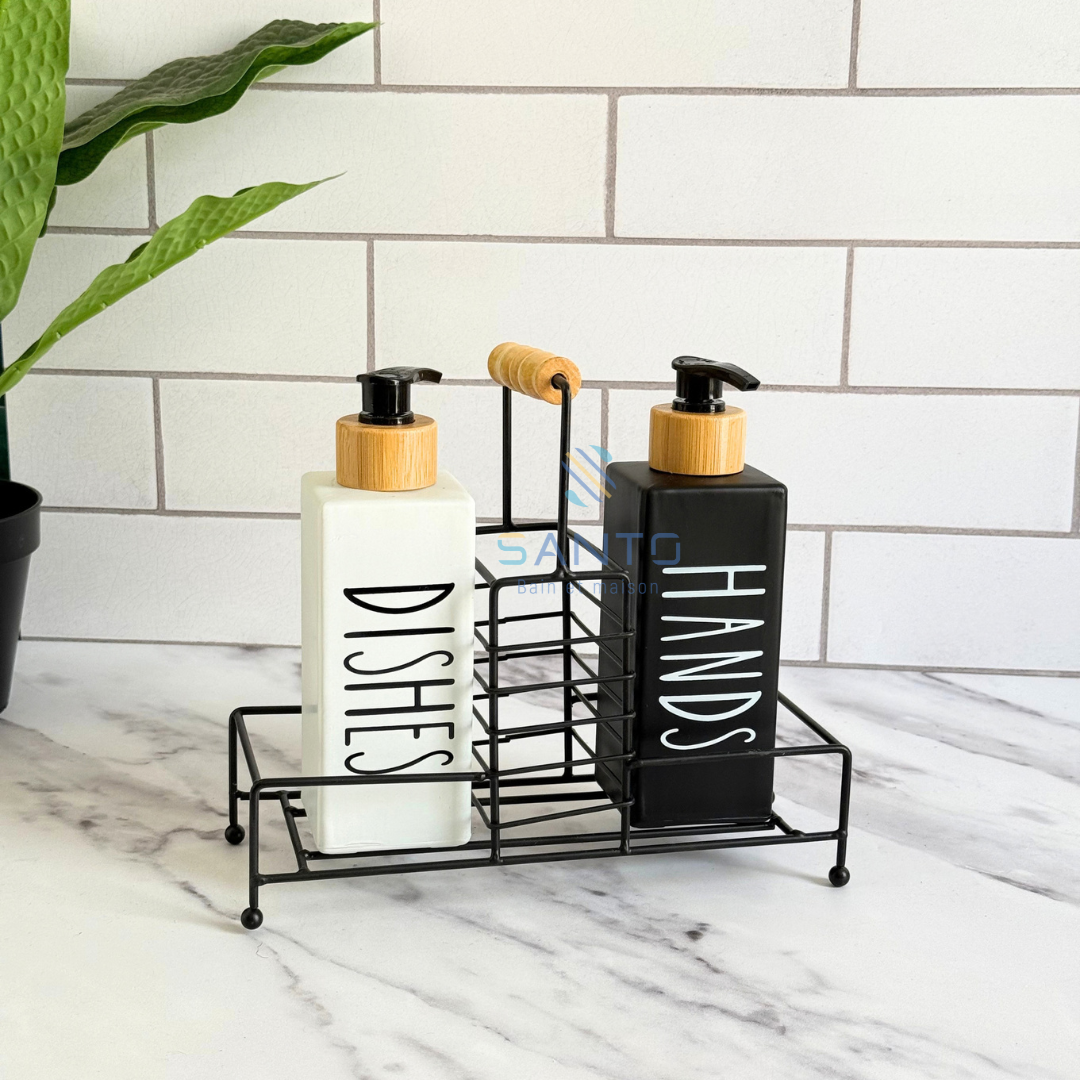 Set 2 distributeurs à savon avec support en métal noir