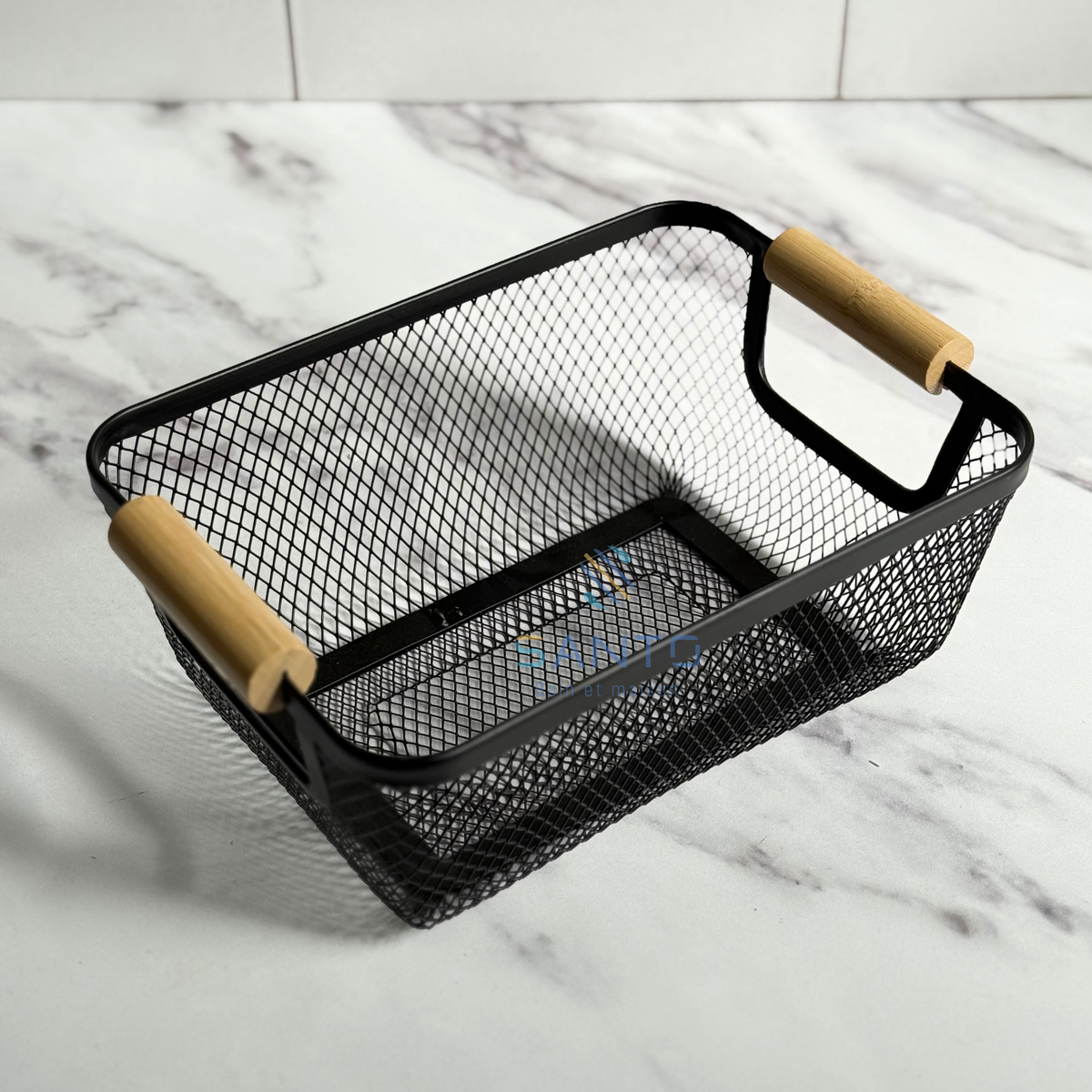 Set 3 paniers en métal noir avec anses en bois