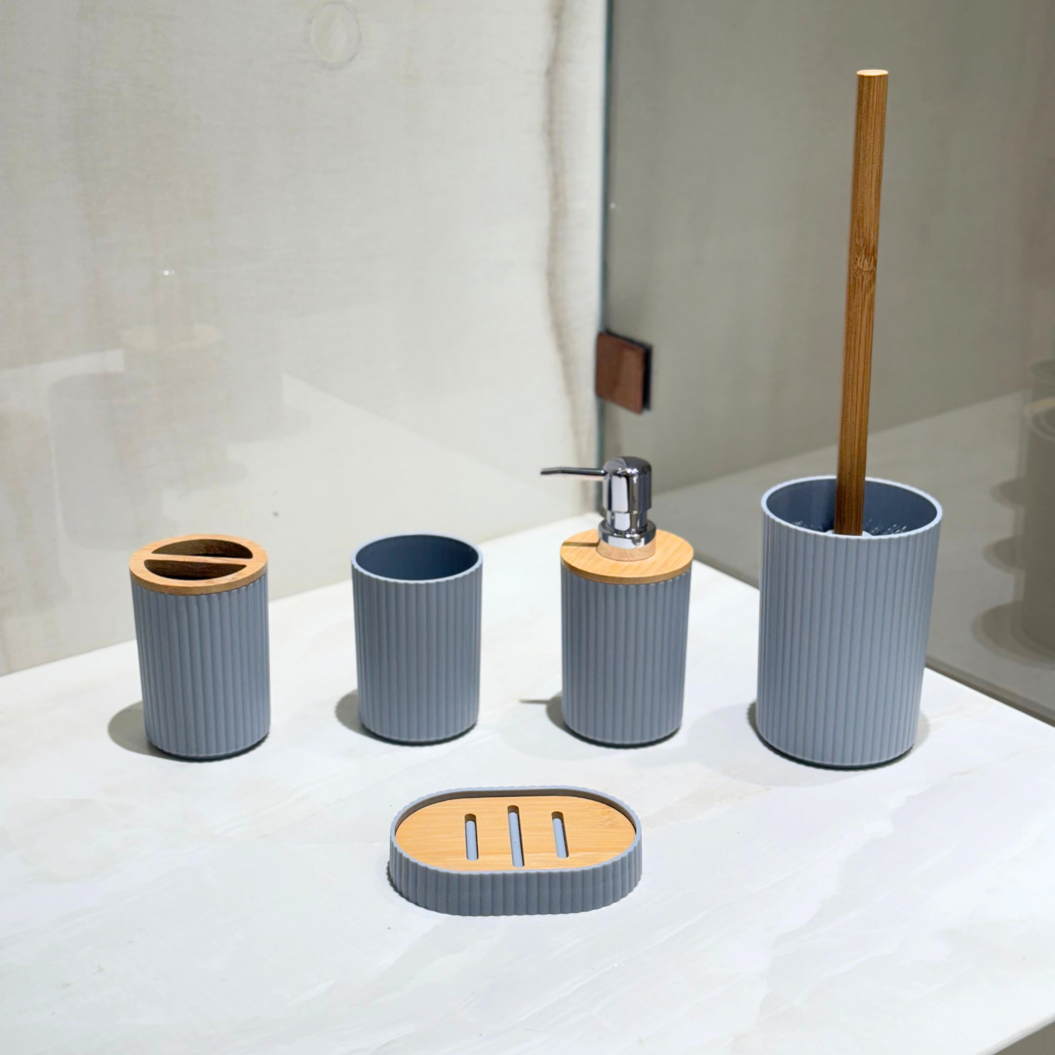 Ensemble accessoires de Salle de Bain 5 Pièces en plastique et bambou