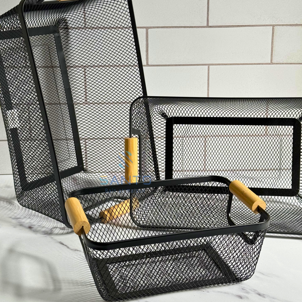 Set 3 paniers en métal noir avec anses en bois