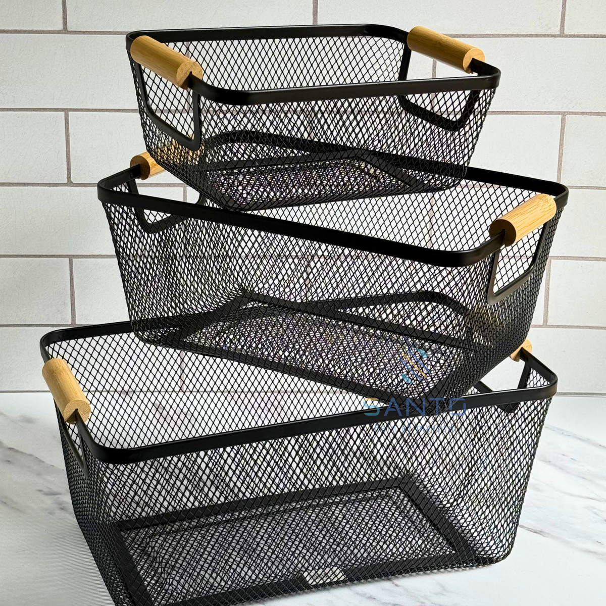 Set 3 paniers en métal noir avec anses en bois