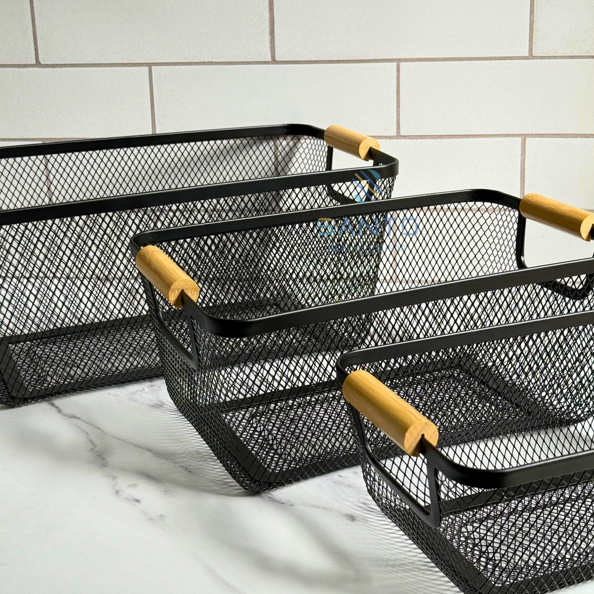 Set 3 paniers en métal noir avec anses en bois