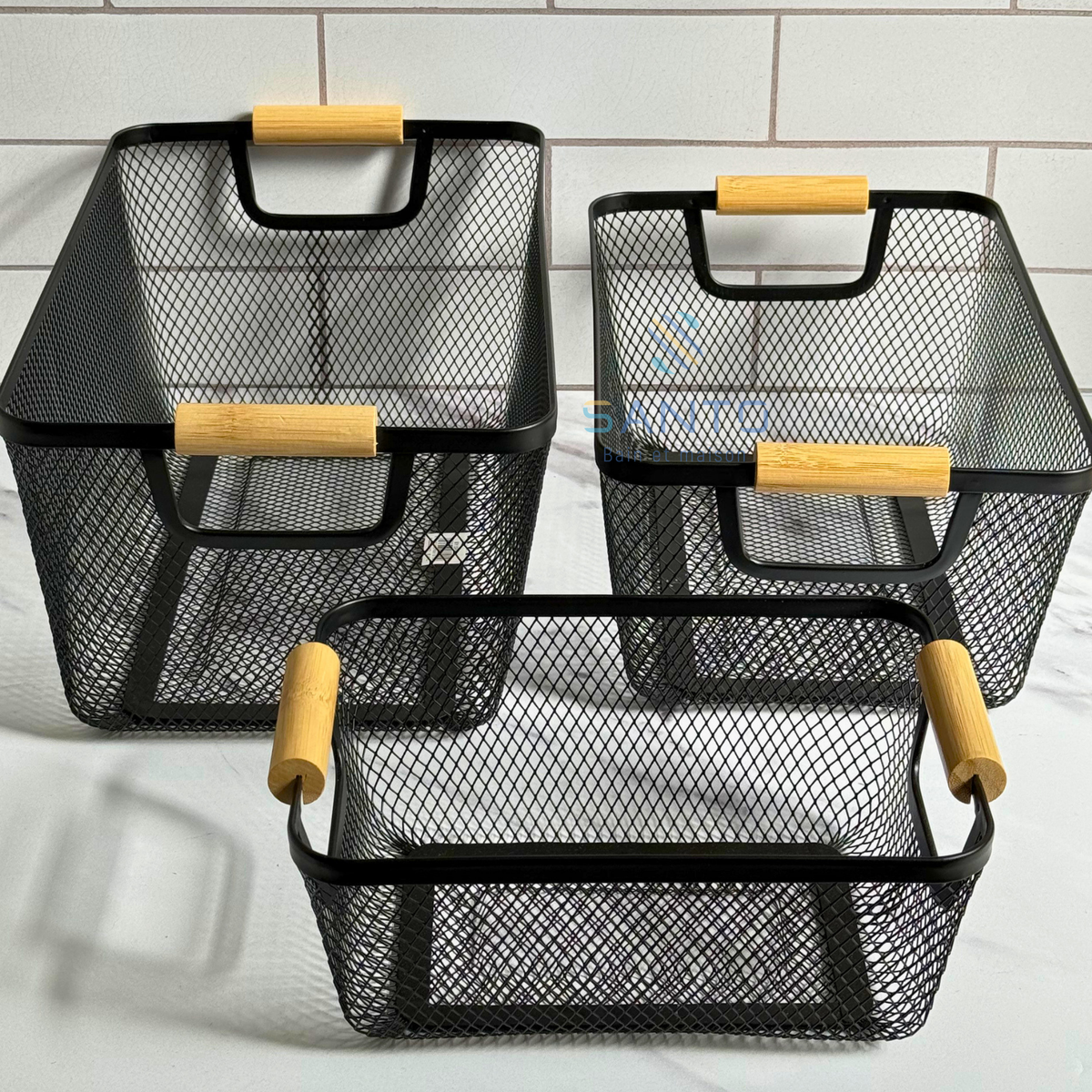 Set 3 paniers en métal noir avec anses en bois