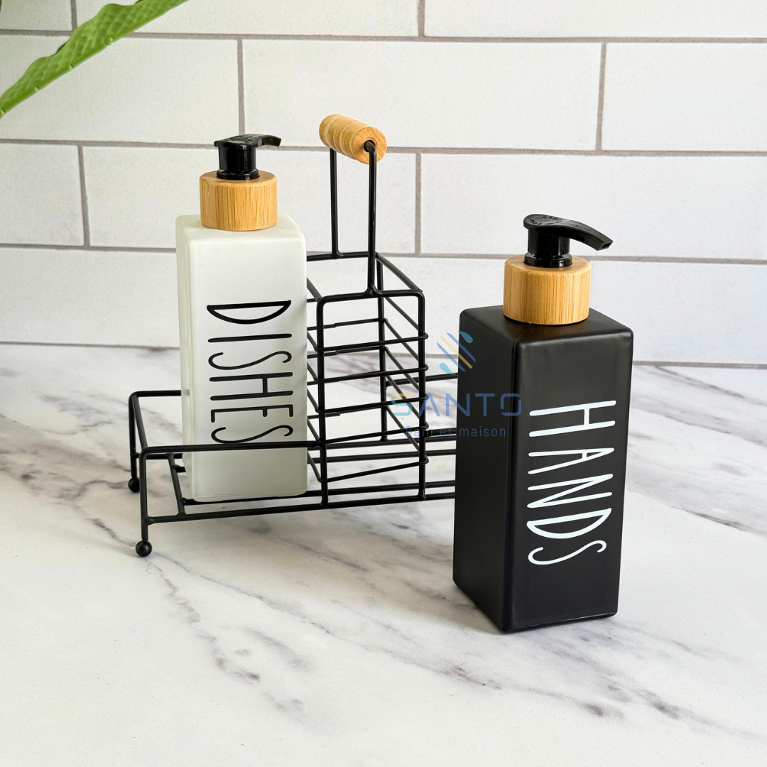 Set 2 distributeurs à savon avec support en métal noir