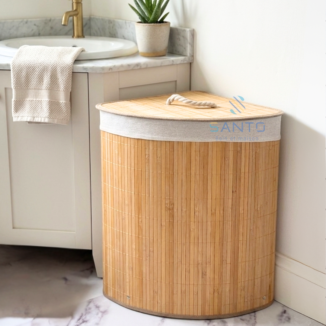Panier à linge d'angle en bambou et tissu
