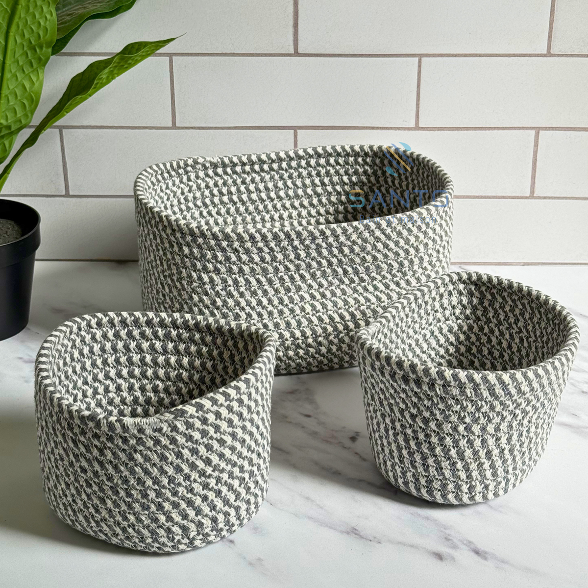 Set de 3 Paniers de Rangement Tressés Gris & Blanc