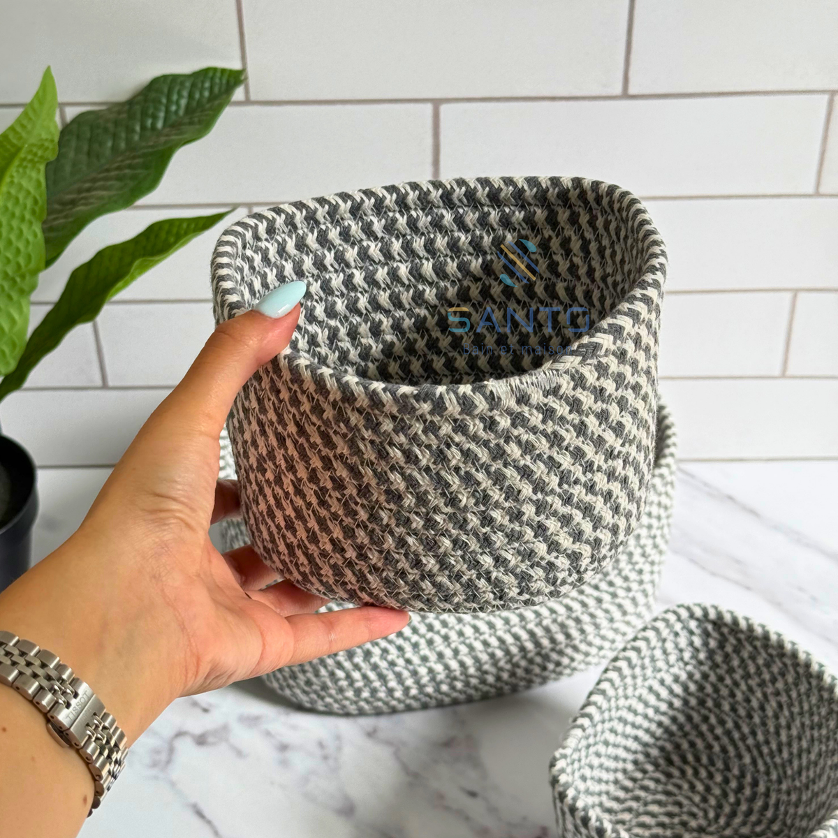 Set de 3 Paniers de Rangement Tressés Gris & Blanc