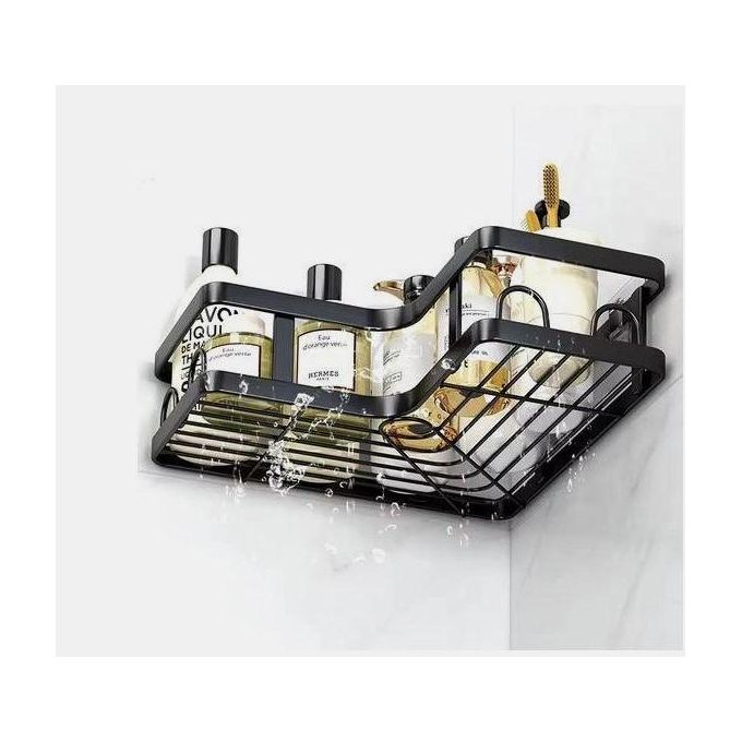 Etagères d'angle mural pour salle de bain en métal noir sans perçage