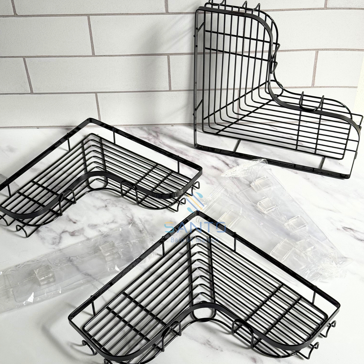 Etagères d'angle mural pour salle de bain en métal noir sans perçage