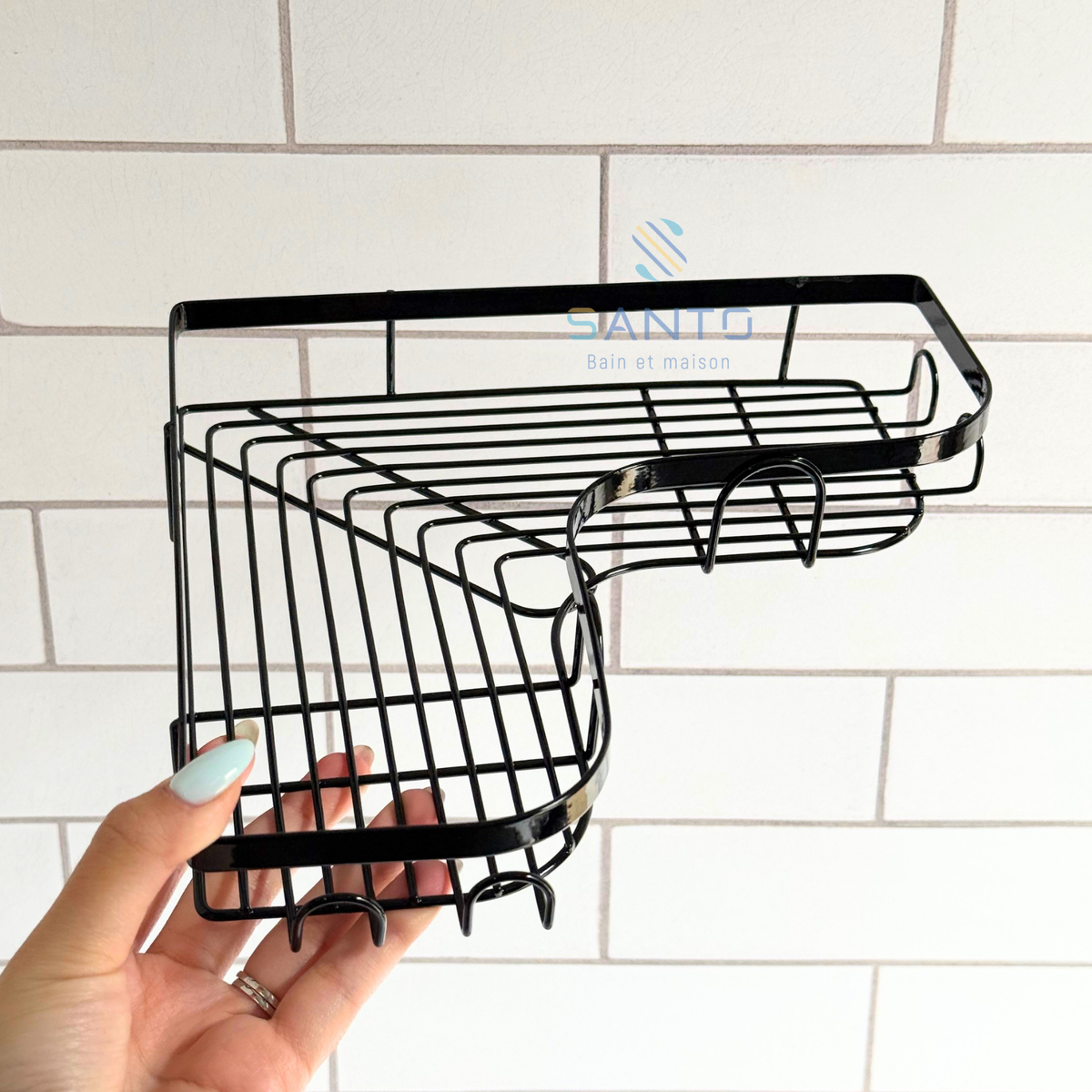 Etagères d'angle mural pour salle de bain en métal noir sans perçage