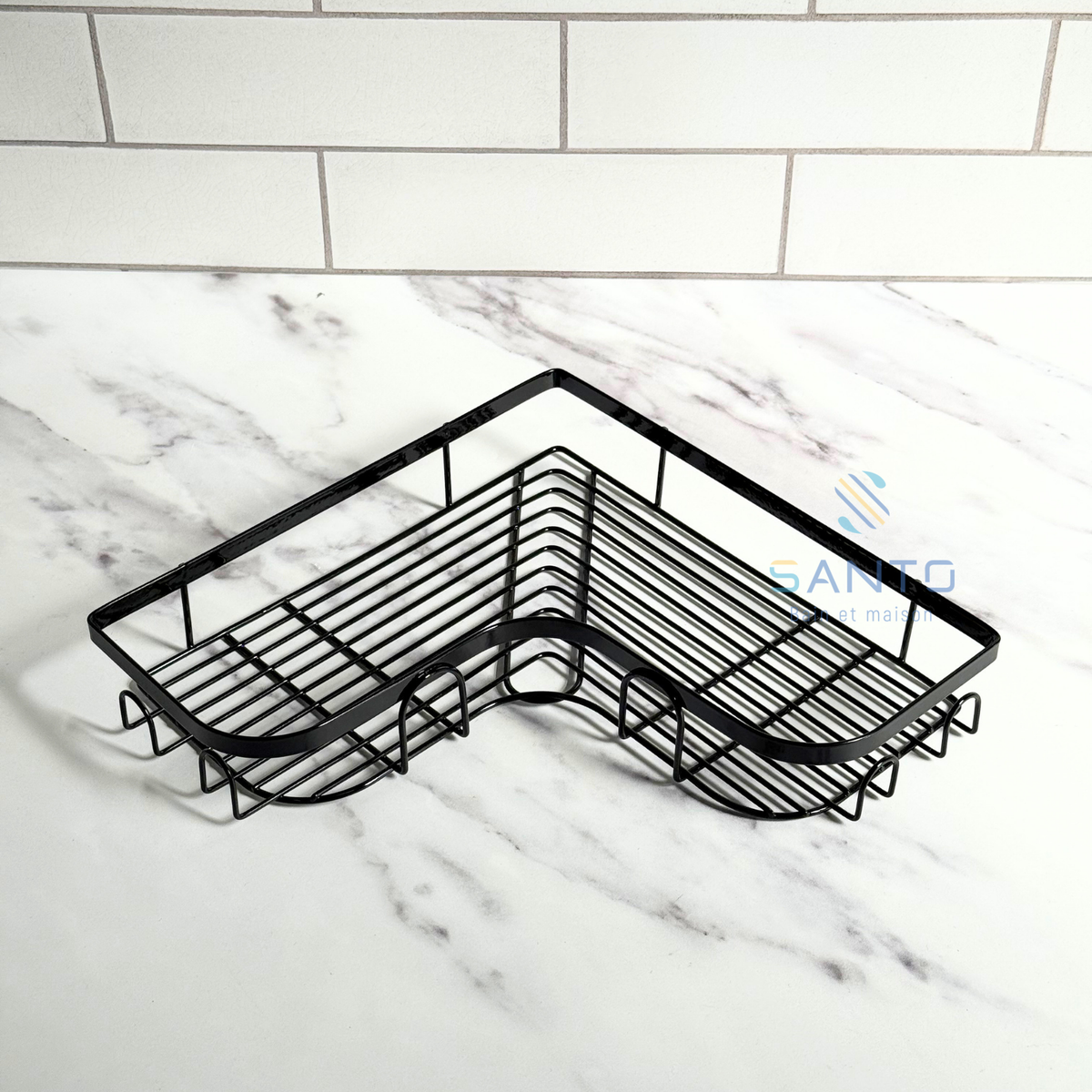 Etagères d'angle mural pour salle de bain en métal noir sans perçage