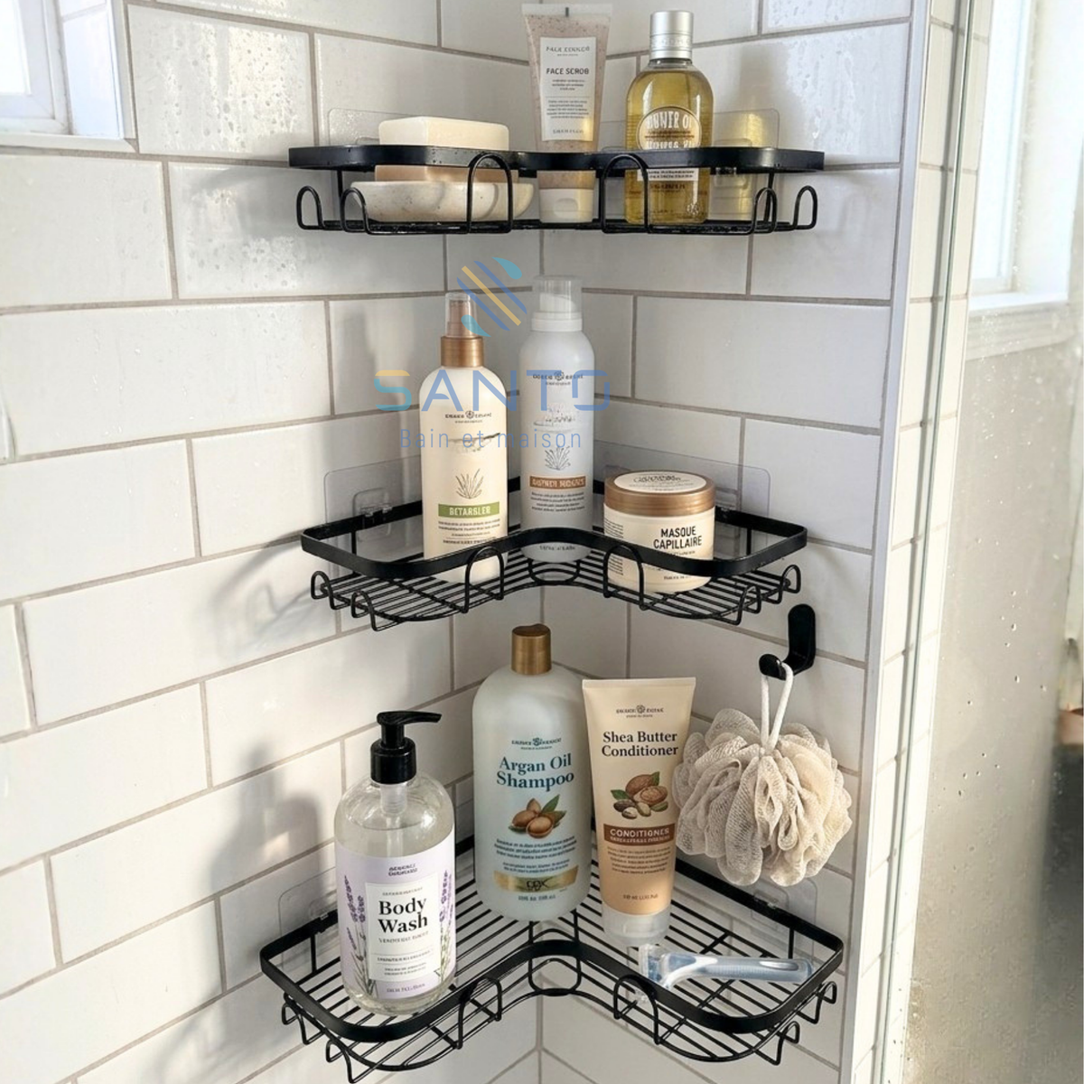 Etagères d'angle mural pour salle de bain en métal noir sans perçage