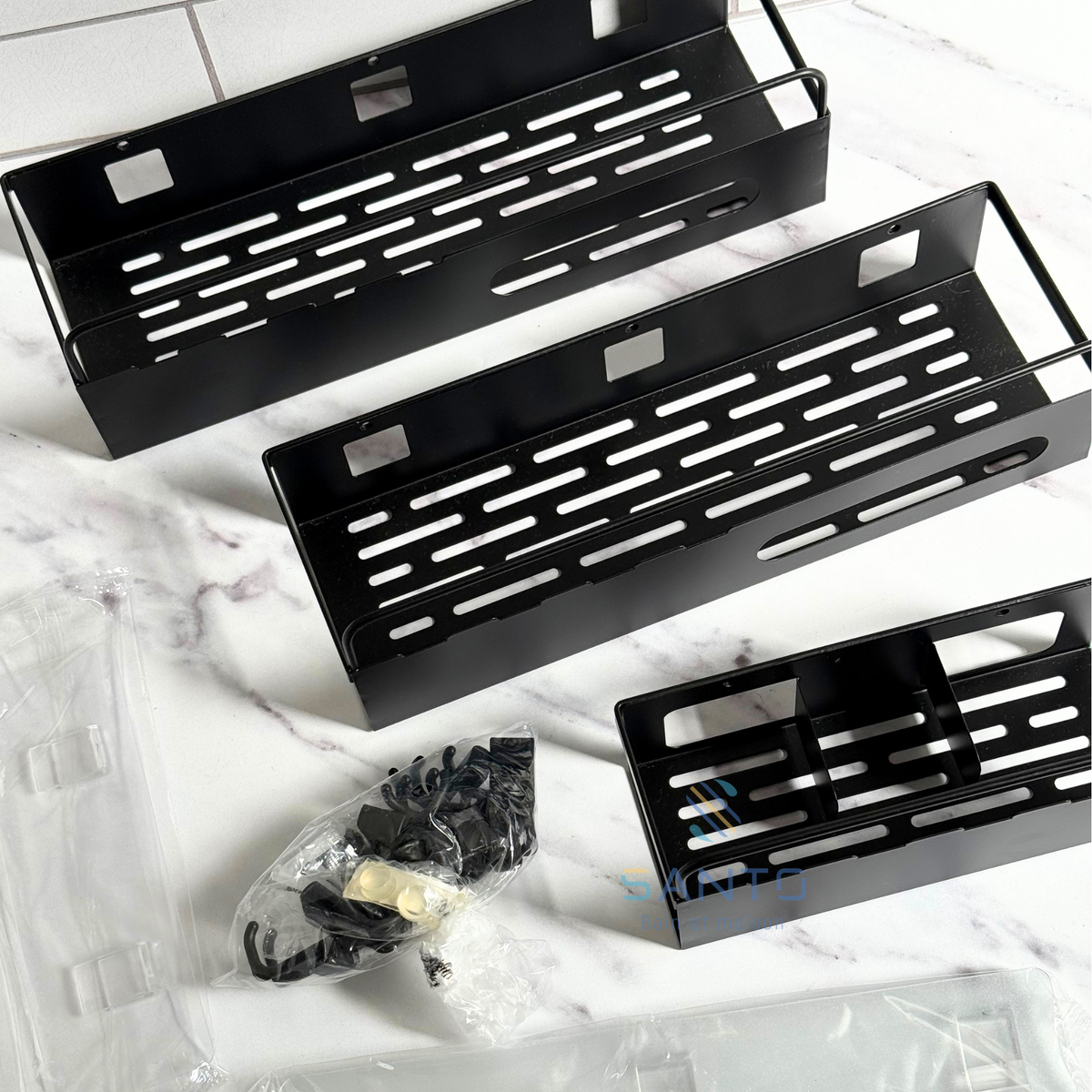 Etagère murale pour salle de bain en métal noir 3pcs