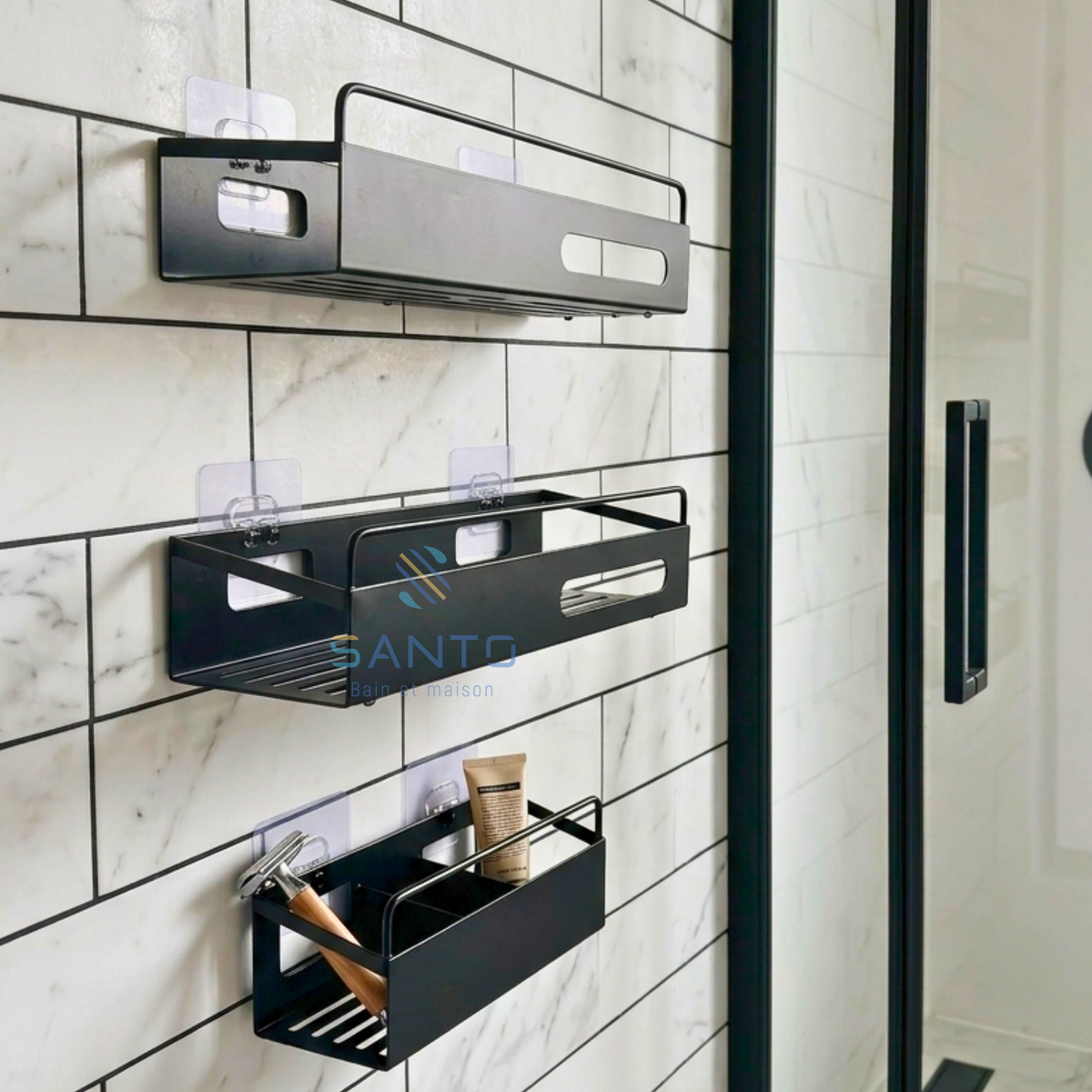 Etagère murale pour salle de bain en métal noir 3pcs