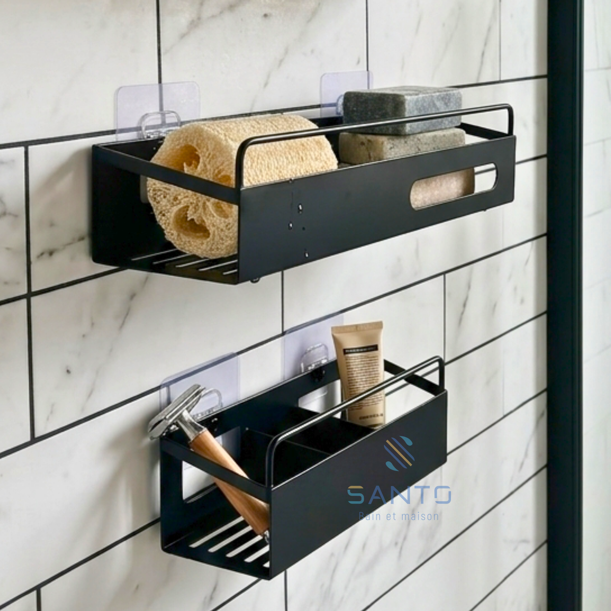 Etagère murale pour salle de bain en métal noir 3pcs
