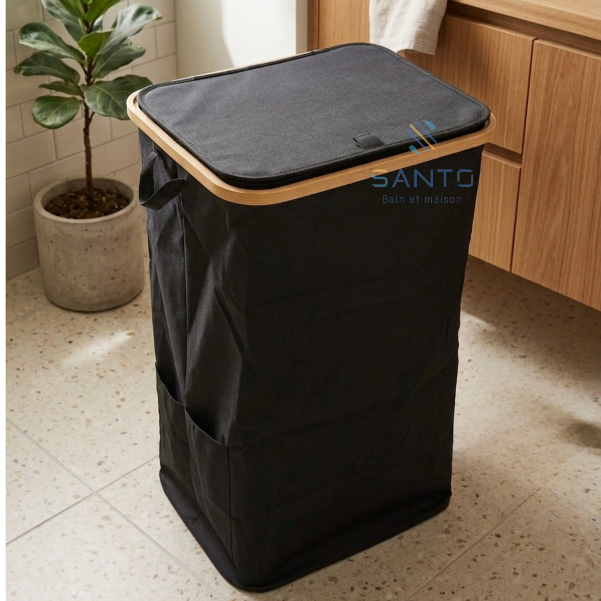 Panier à linge en tissu et bois carré