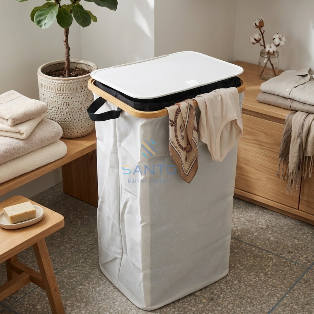 Panier à linge en tissu et bois carré