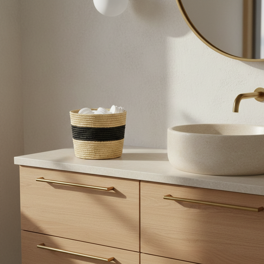 Panier rond noir et beige en raphia naturelle