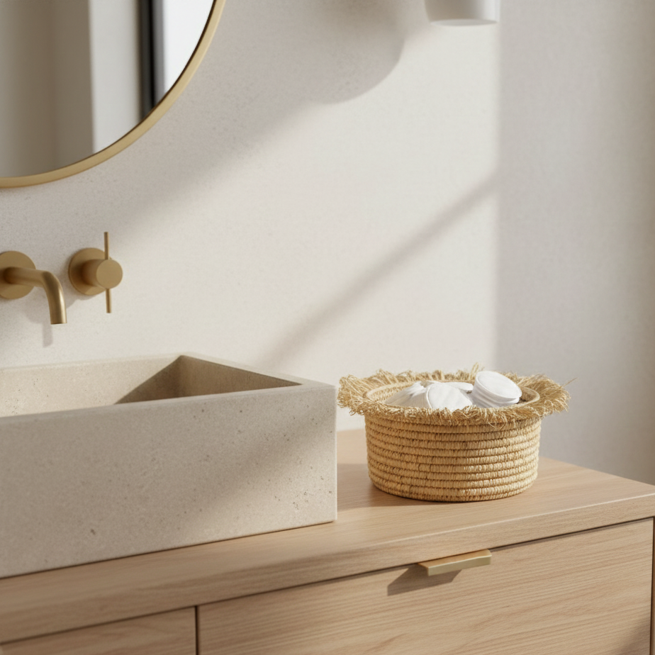 Petit panier rond en raphia avec franges