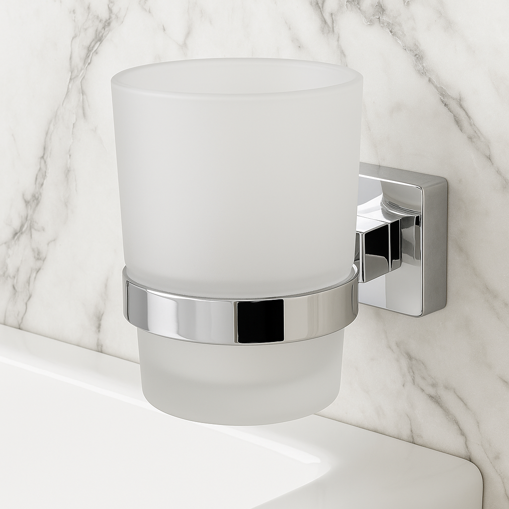 Porte-brosse mural carré en verre et acier inoxydable