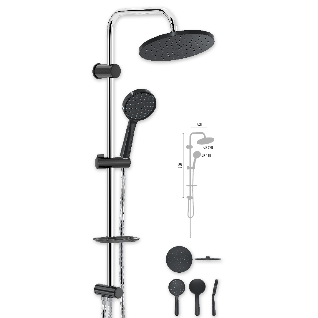 Kit de Douche Noir & Chrome – Colonne Murale avec Pomme Ronde et Douchette à Main