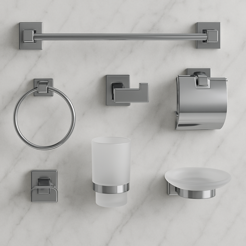 Ensemble accessoires salle de bain chromés carrés 6pcs