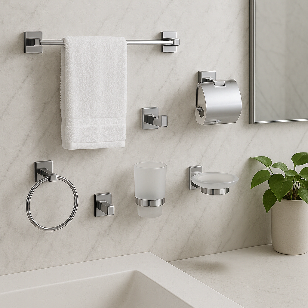 Ensemble accessoires salle de bain chromés carrés 6pcs