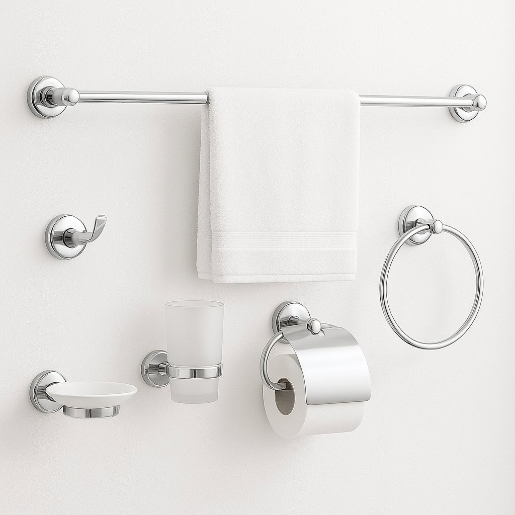 Ensemble accessoires salle de bain rond chromé 6pcs