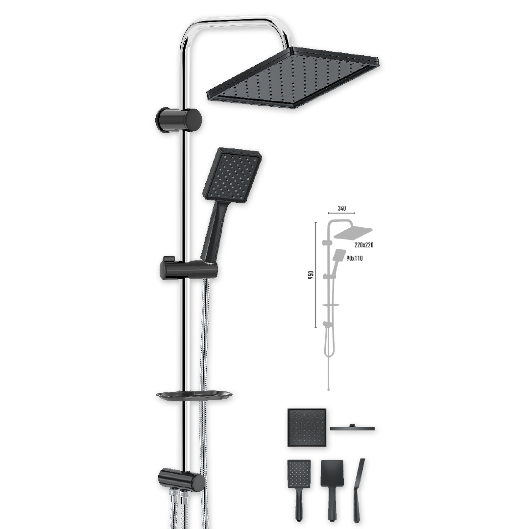 Kit de Douche Noir & Chrome – Colonne Murale, Douchette Carrée et Pomme Haute