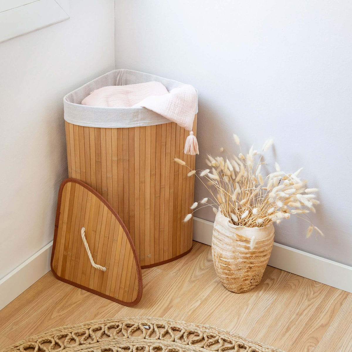 Panier à linge d'angle en bambou et tissu