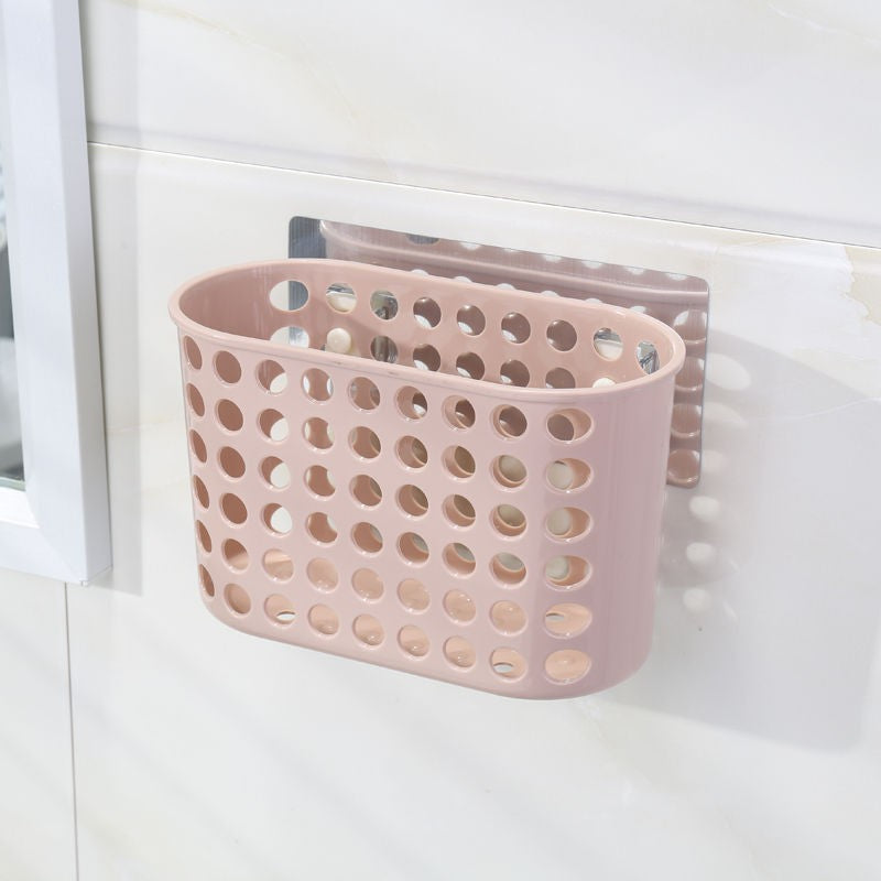 Panier de Rangement Mural en Plastique Rose – Fixation Autocollante
